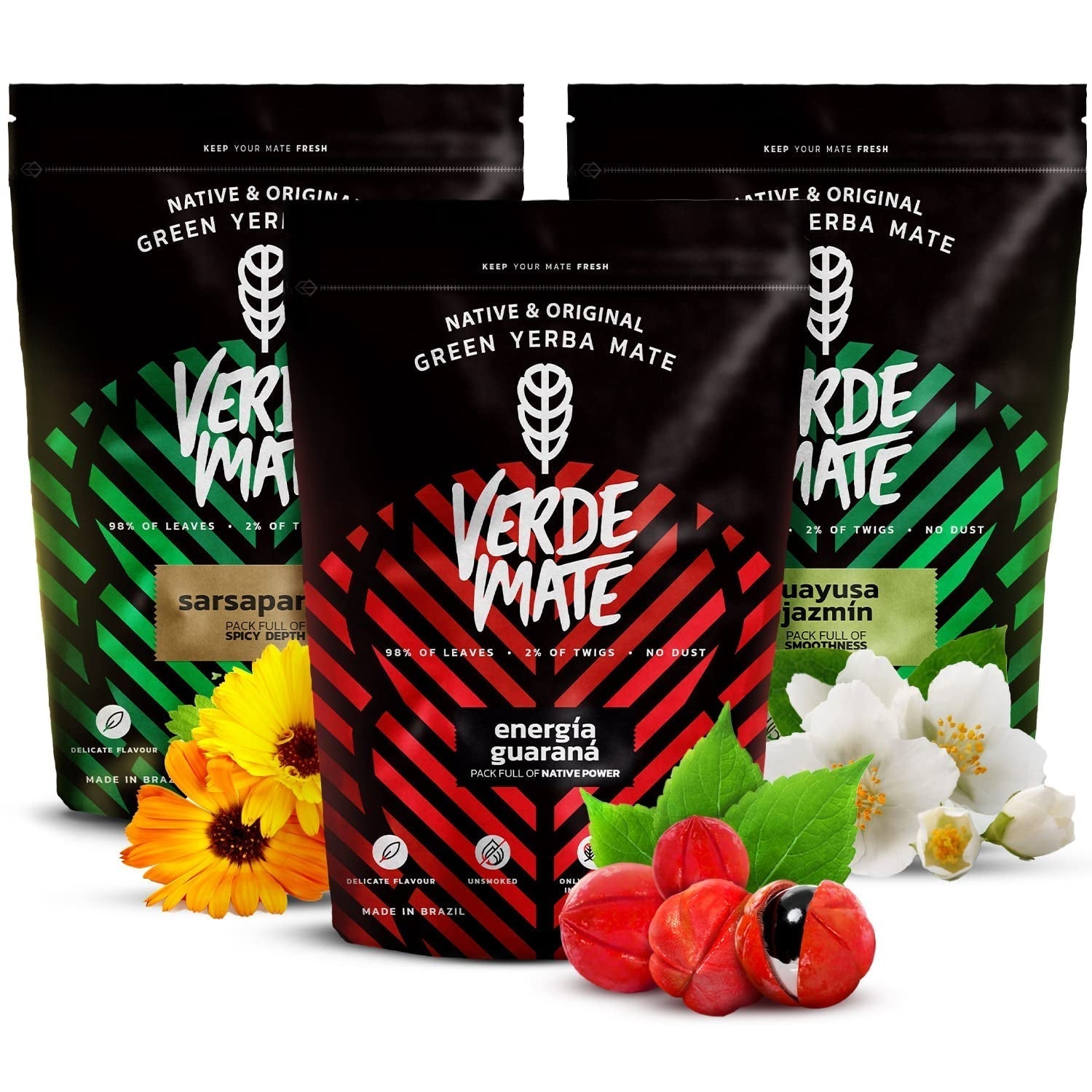 Set da tè Yerba Mate alle erbe | Yerba Mate alle erbe | Green Mate Green Energy Guaranà, Guayusa Jazmin, Salsapariglia | Yerba Mate verde brasiliana | 3X500G