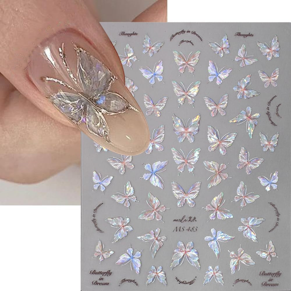 Glänzend Aurora Shell Schmetterling Nagelsticker Selbstklebend, Erleichterung Schmetterlinge Nail Sticker Rosa Laser Schmetterling Nagelaufkleber Für Frauen Nageldesign Zubehör Nagel Zubehör Nail Art