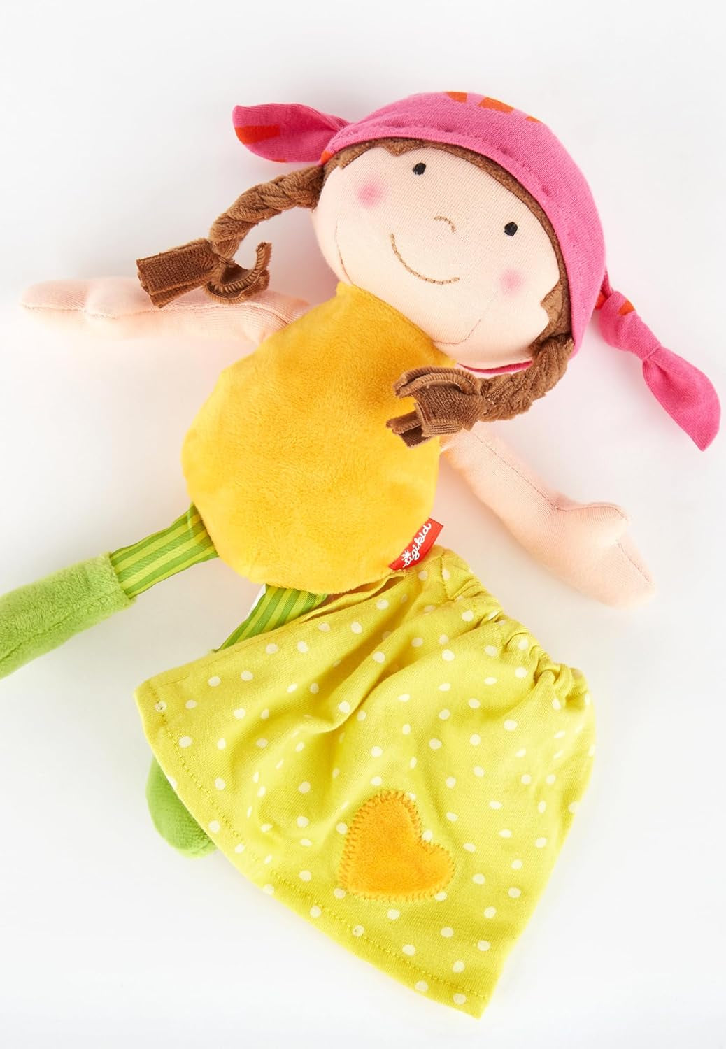 SIGIKID 39411 Piccola bambola morbida per bambina, giocattolo per bambini, consigliata dai 6 mesi, giallo