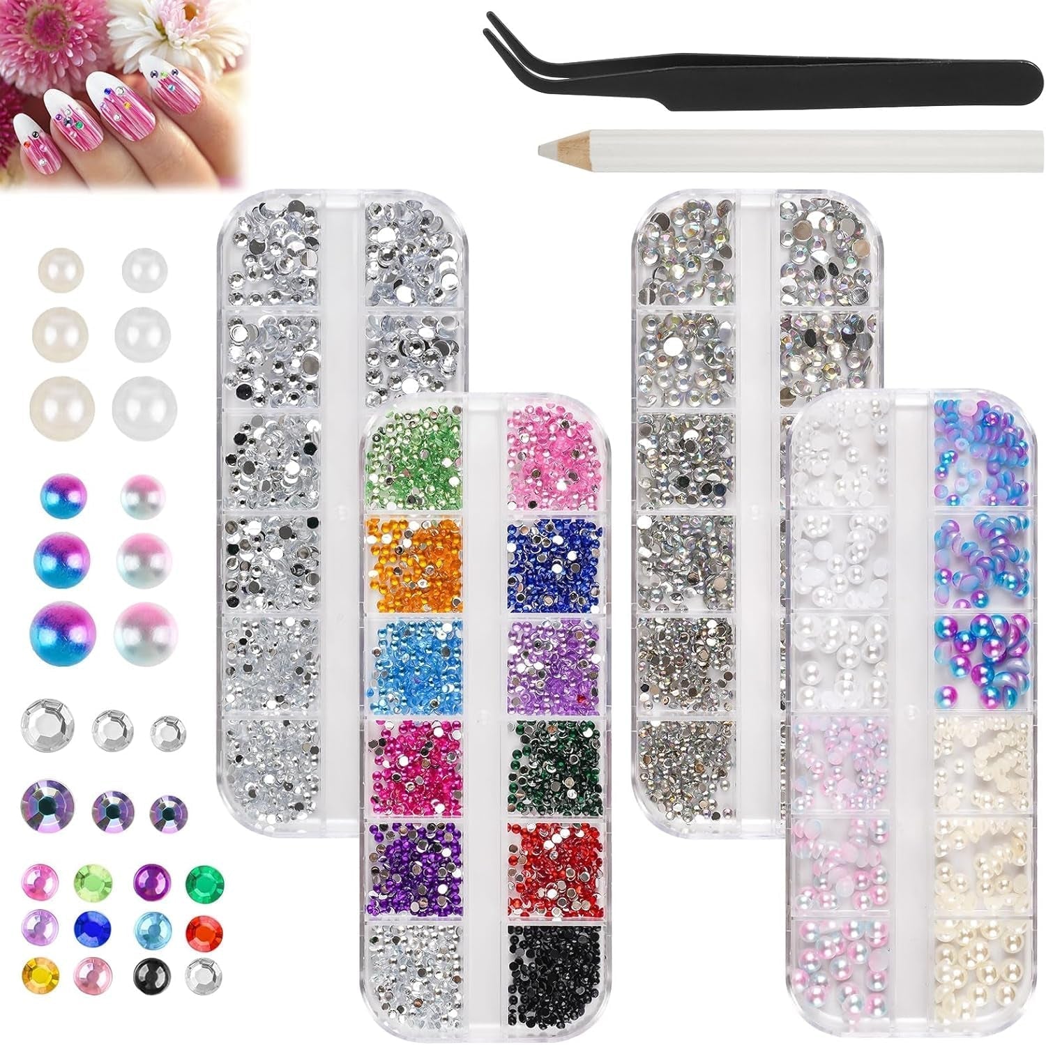 5820 Stück Strasssteine ​​​​Nägel, Glitzersteine ​​​​Nägel Und Halbrunde Perlen, AB Kristall Strass, Flatback Nagel Steine ​​Mit Pinzette Und Stift Für Nagel/Diy (Mehrere Größen Und Farben)