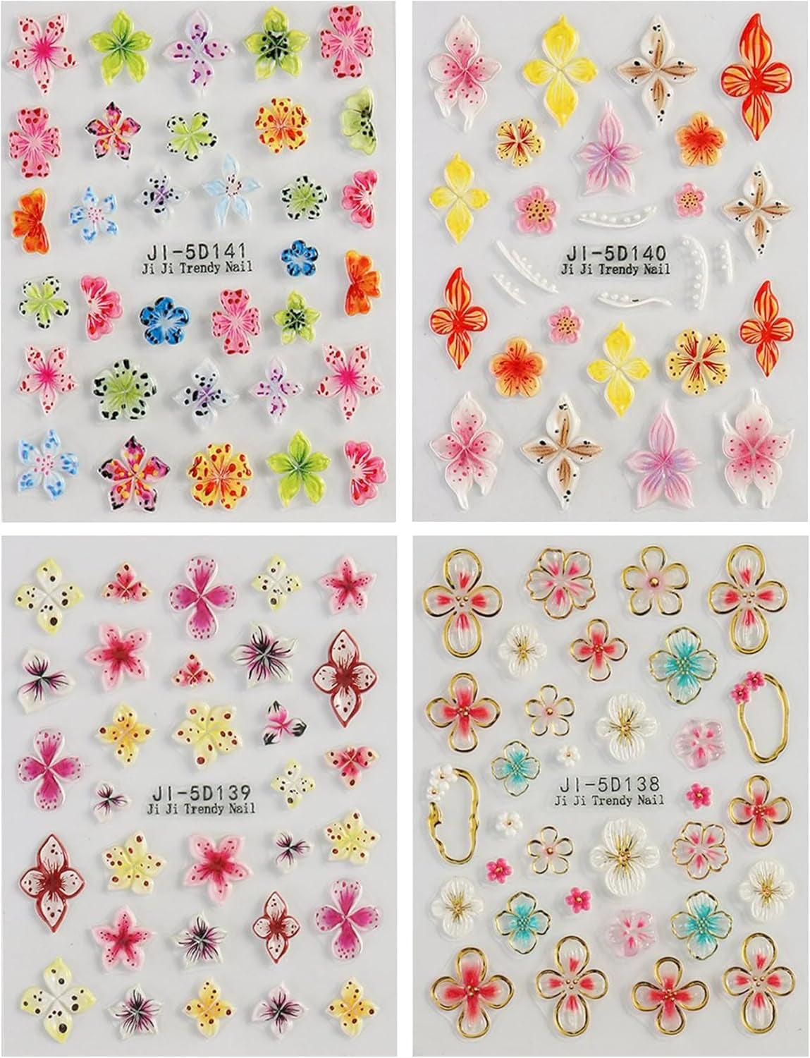 JMEOWIO 3D Nagelsticker Fiore colorato Nail Art Sticker Selbstklebend Nagelaufkleber 5D Stereoscopico Decorazione floreale primavera estate Nageldesign Zubehör 4 Blatt