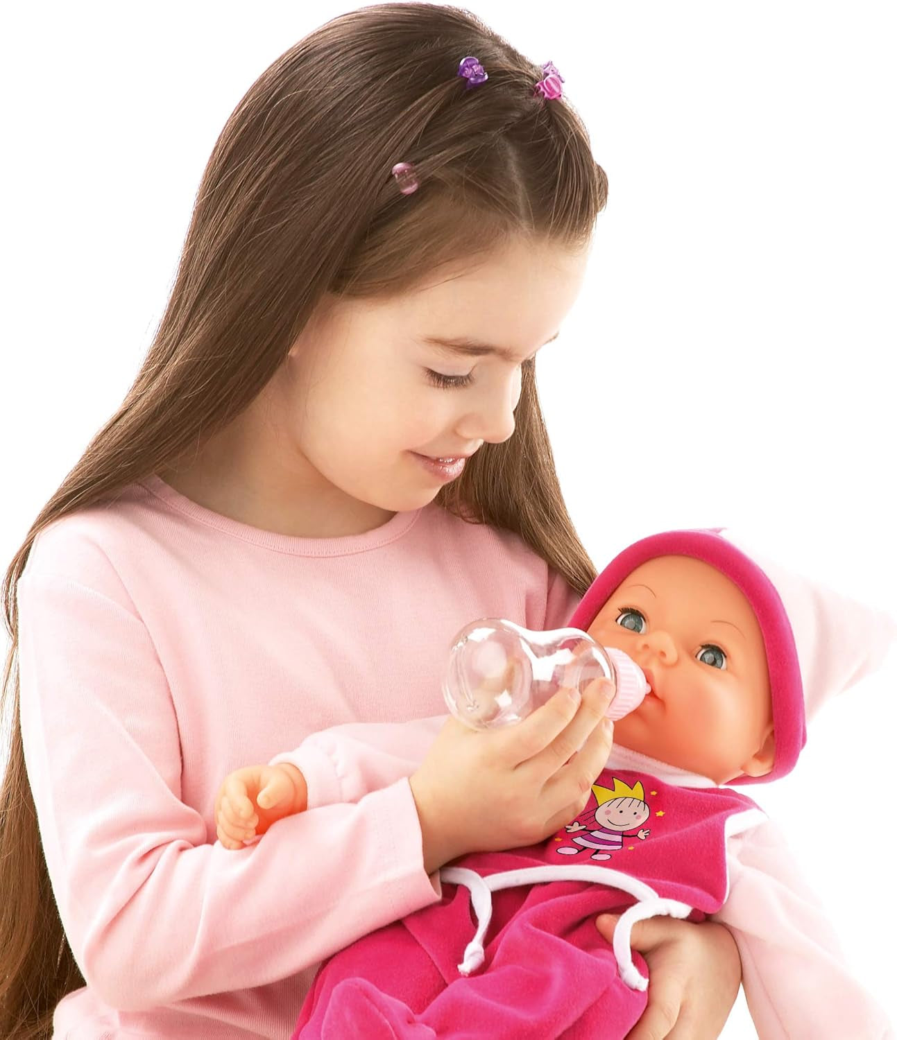 Funktionspuppe Hello Baby mit Geräuschen, bewegt den Mund, interattivo Puppe, Babypuppe, mit Zubehör, 46cm, rosa