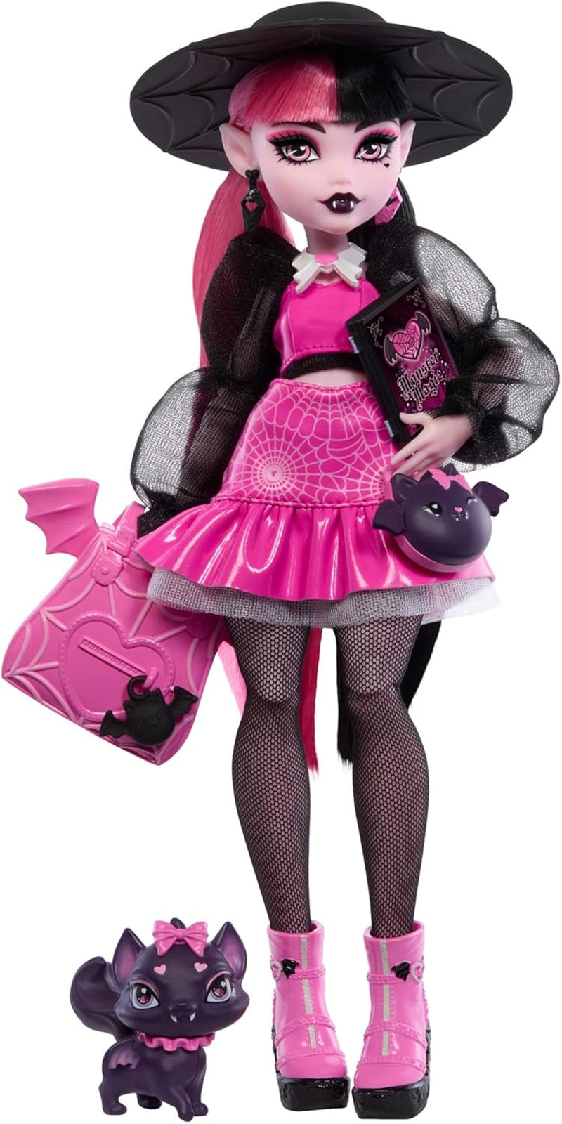 Bambola Monster High Draculaura con il suo animale domestico, il pipistrello Conte Fabulous e accessori come zaino, libro degli incantesimi, bento box e altro ancora, HRP64 Naty Shop Dolls Count Fabulous