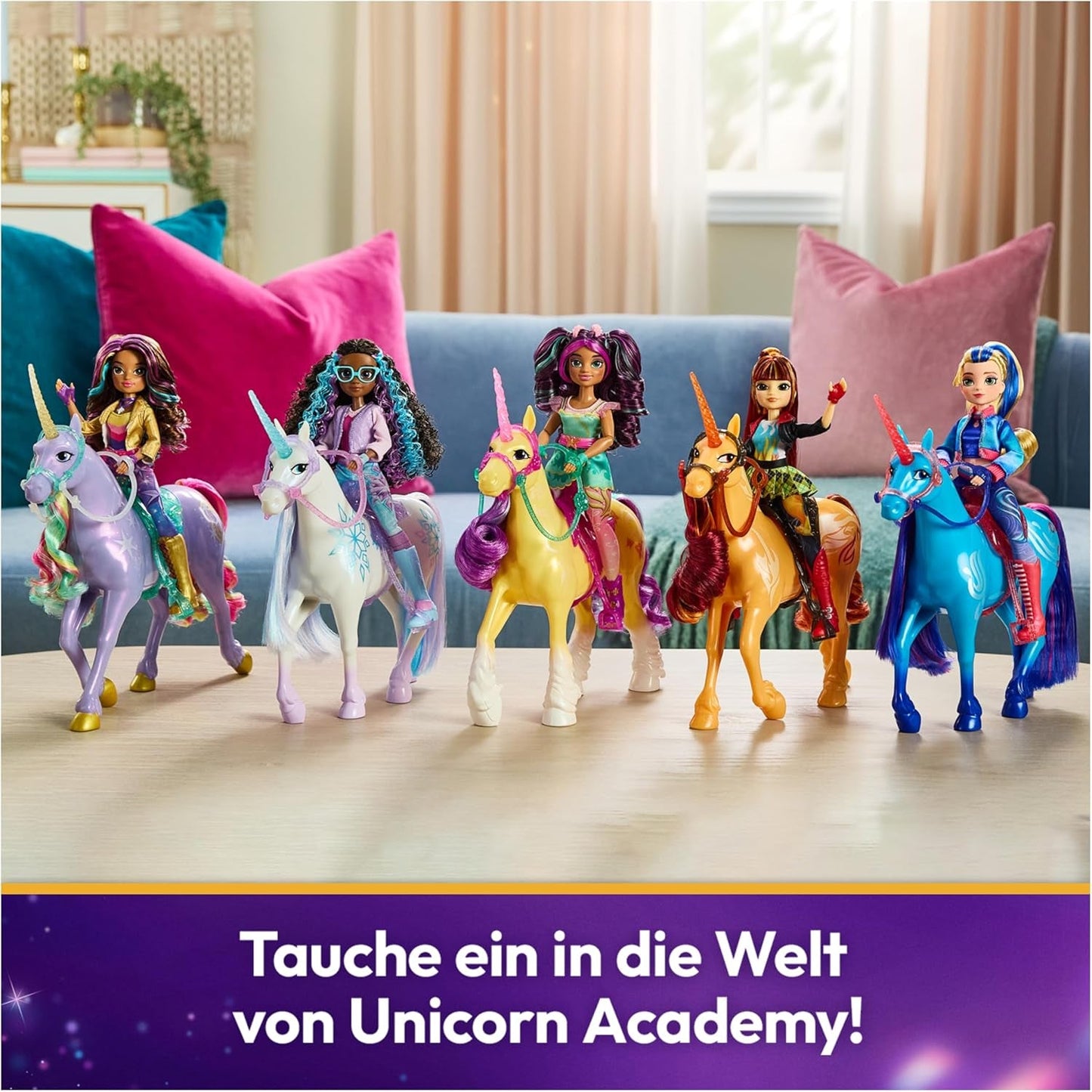Unicorn Leaf Unicorn Academy - Unicorno originale Ava alto 28 cm della serie Netflix con vera criniera e coda, briglie, sella e spazzola rimovibili, per bambini dai 4 anni in su