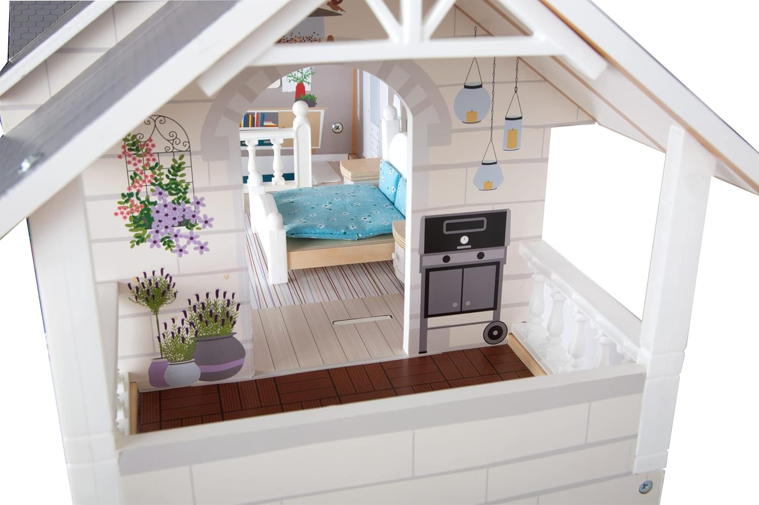 Small Foot Casa delle bambole in legno a 3 piani con apertura frontale e 12 mobili per bambini dai 3 anni in su 11802 Bianco Grigio