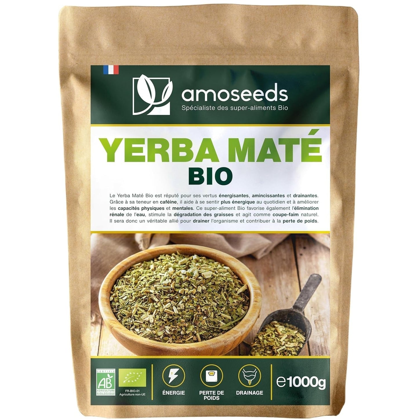 Yerba Maté BIOLOGICA 1 kg | Mate verde, non affumicato | 100% foglie, senza steli | Energia, alternativa al caffè | Qualità premium