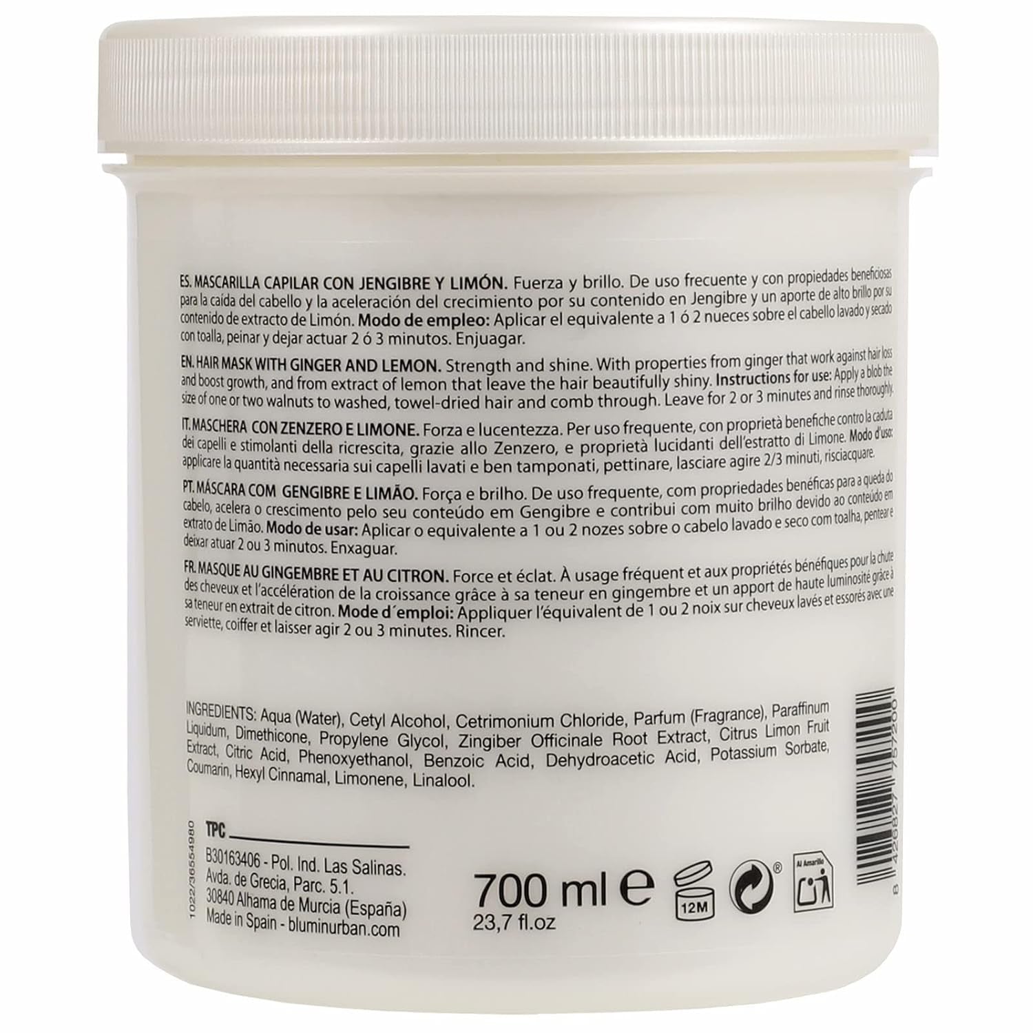 Maschera per capelli urbana allo zenzero e limone, maschera per capelli Naty Shop da 700 ml