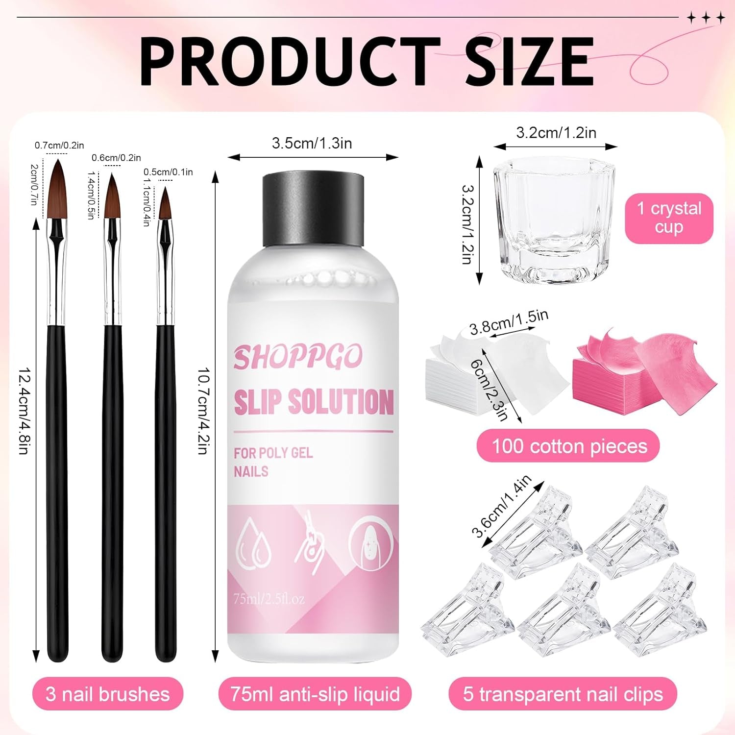 Soluzione per unghie Polygel, Kit per unghie Poly Gel Slip Solution, Soluzioni per unghie liquide Polygel da 75 ml, 5 clip per punte per unghie, 3 pennelli per unghie, 1 tazza di cristallo, 100 fogli di pulizia