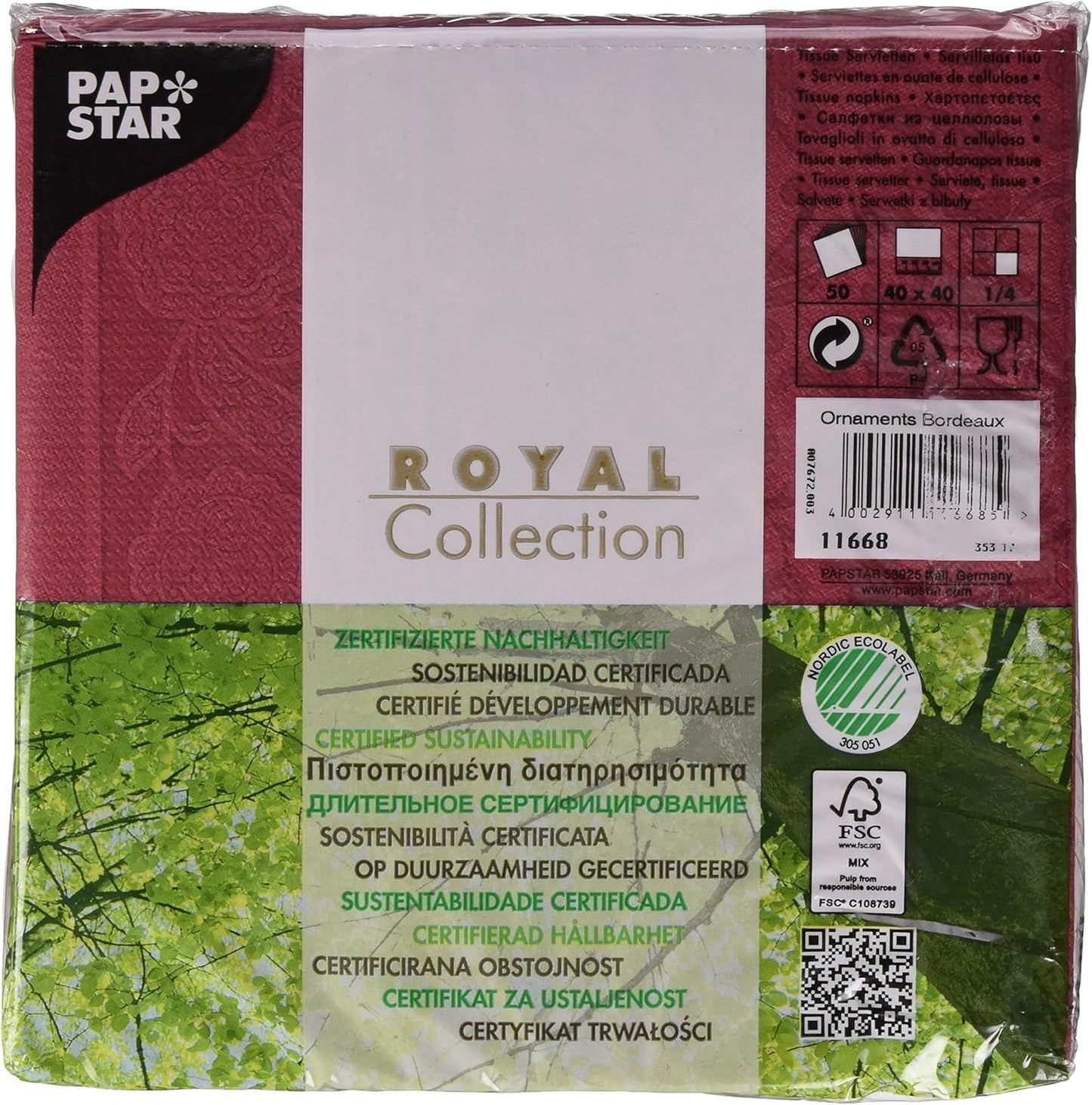50 tovaglioli "ROYAL Collection" piega 1/4 40 Cm X 40 Cm Bordeaux "Ornamenti"
