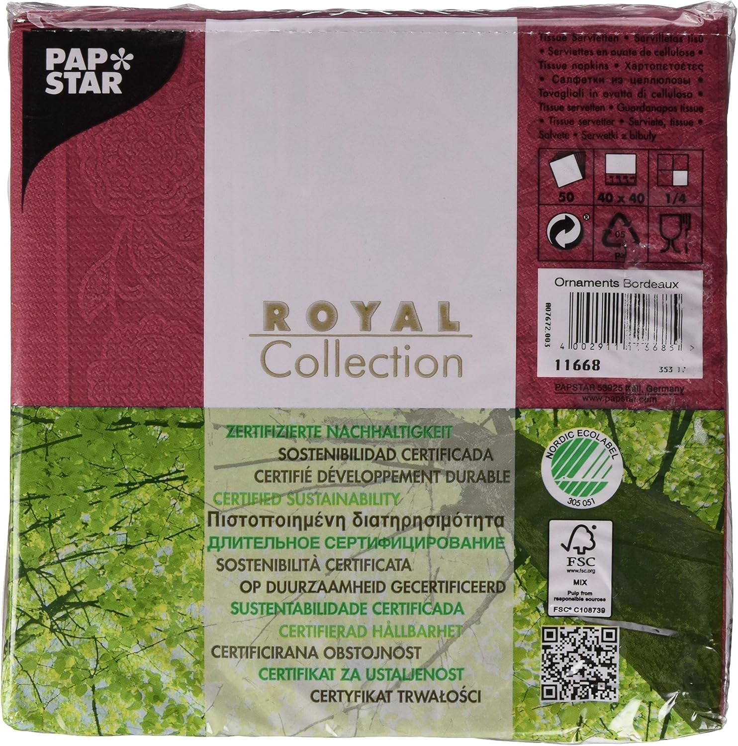 50 tovaglioli "ROYAL Collection" piega 1/4 40 Cm X 40 Cm Bordeaux "Ornamenti"