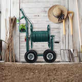 Carrello portatubo Relaxdays, fino a 90 m, 4 pneumatici, raccordo a scatto, avvolgitubo in metallo, distributore tubo con cestello, verde