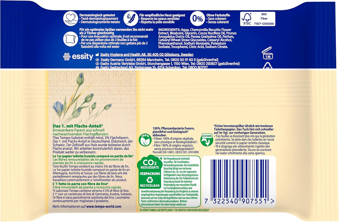 Salviette igieniche Tempo "Gentle & Caring" - Megapack - 16 confezioni da 42 salviette - Duo Packs - con camomilla naturale - carta igienica, dermatologicamente testate e neutre al Ph della pelle