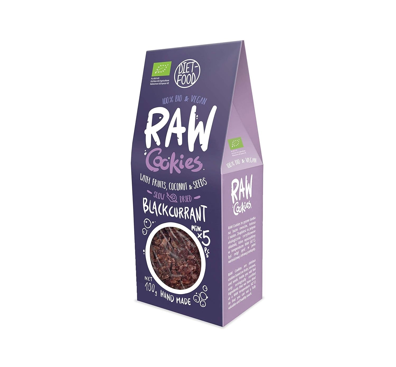 DIET-FOOD RAW Biscotti biologici al ribes nero Snack salutare Deliziosi biscotti da ufficio Senza conservanti 100 g (1 confezione)