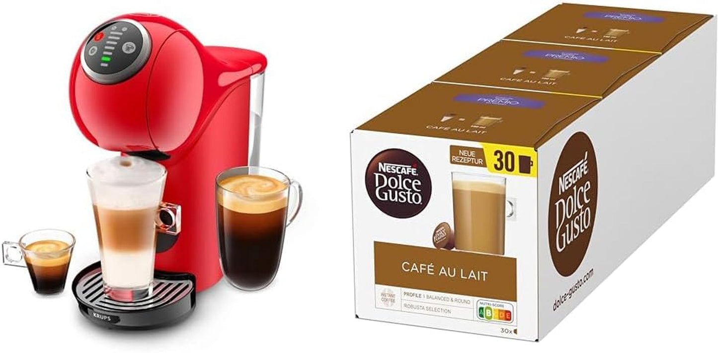 Krups KP3405 NESCAFÉ Dolce Gusto Genio S Plus Macchina a capsule, Espresso Boost, Selezione temperatura, Bevande calde e fredde, Pressione pompa 15 Bar, Serbatoio acqua 0,8 L, 1500 Watt, Colore Rosso con Café au Lait