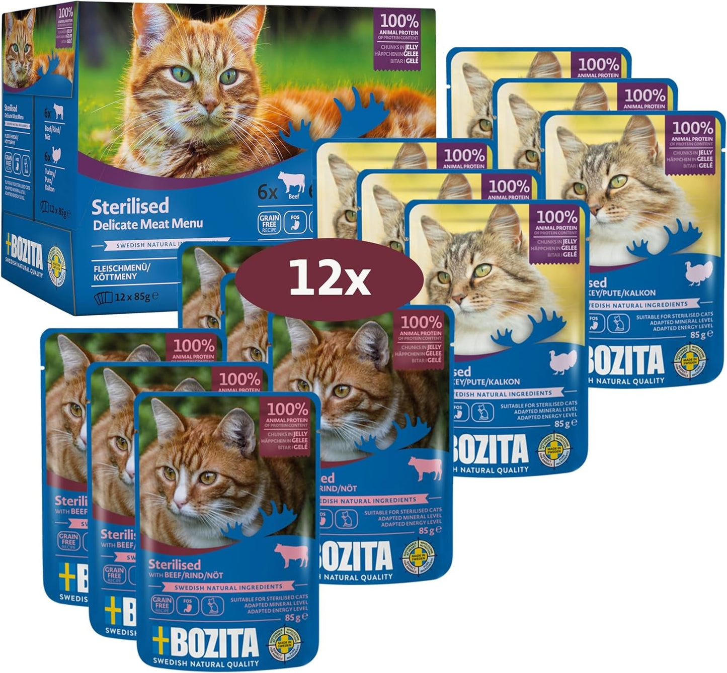 Bozita Sterilised Nassfutter Häppchen in Gelee mit Fleisch - 12x85g Portionsbeutel getreidefreies & weizenfreies Futter für Katzen - Katzen Nassfutter mit 8.5% Protein & 3.5% Fettgehalt