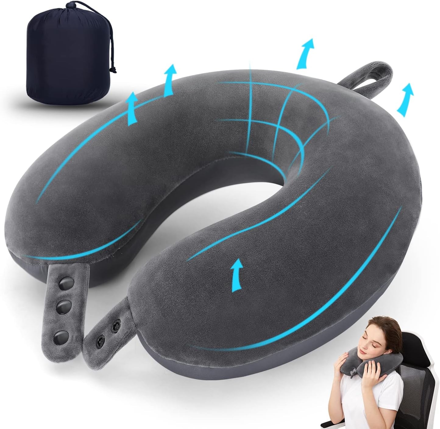 TALLGO Cuscino da Viaggio per Collo, Il Miglior Cuscino per Aereo in Memory Foam per Poggiatesta, Cuscino Morbido Regolabile per Aereo, Auto e Casa, Cuscini Ortopedici Cervicali Rosa Naty Shop Grigio Standard