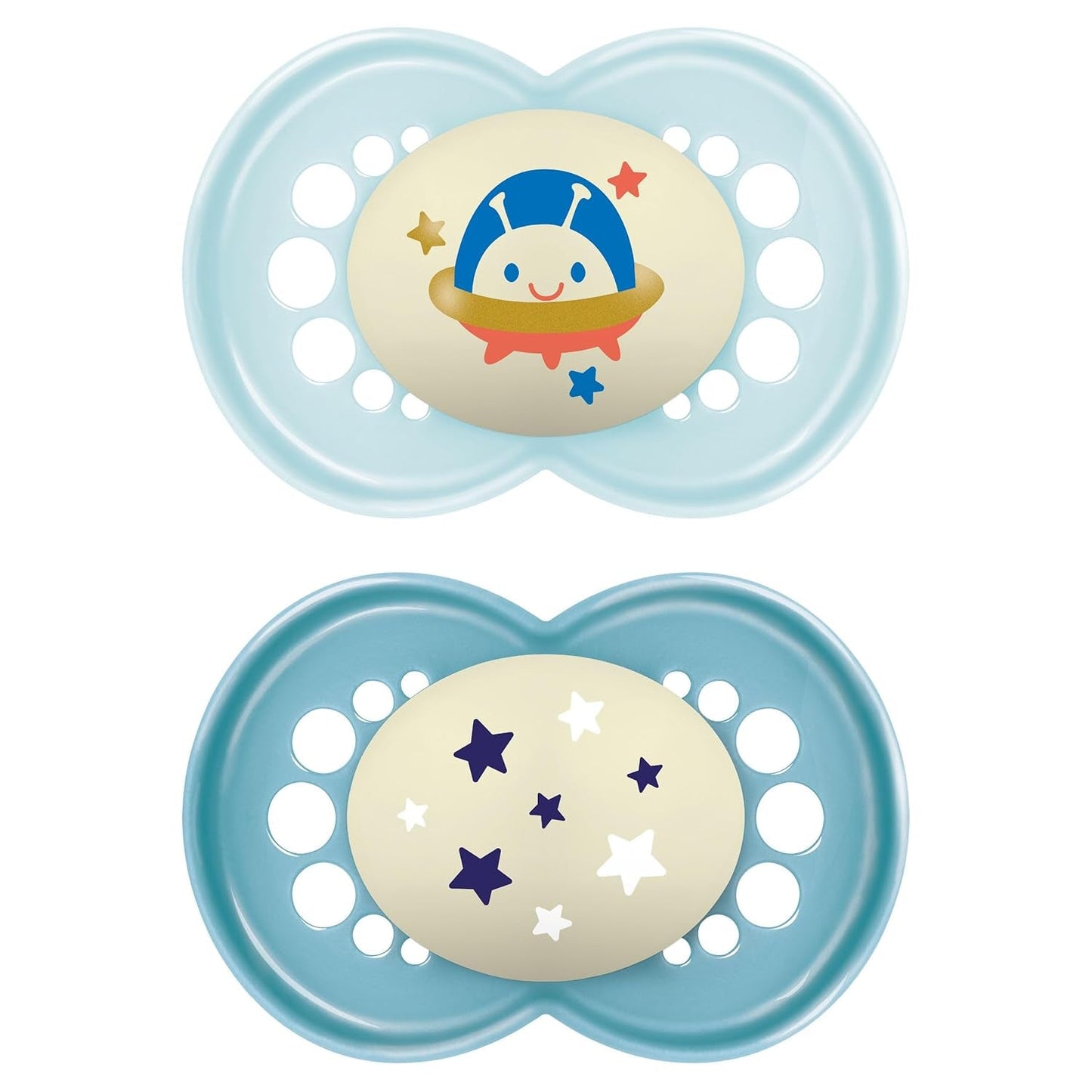 Ciuccio MAM 6+ mesi (confezione da 2) MAM 6-16 mesi si illumina al buio con tettarella in gomma, confezione da 2 con portaciuccio sterilizzante, azzurro/azzurro