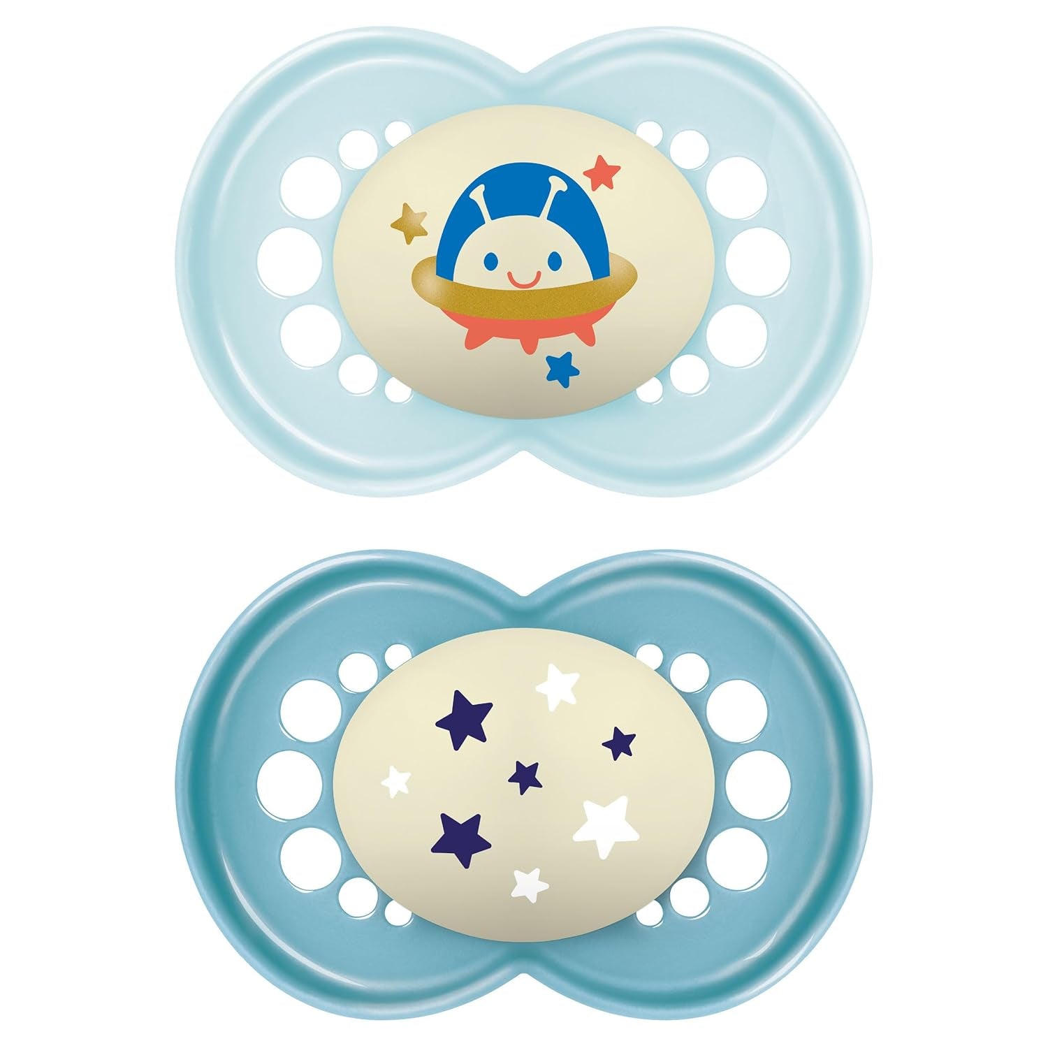 Ciuccio MAM 6+ mesi (confezione da 2) MAM 6-16 mesi si illumina al buio con tettarella in gomma, confezione da 2 con portaciuccio sterilizzante, azzurro/azzurro