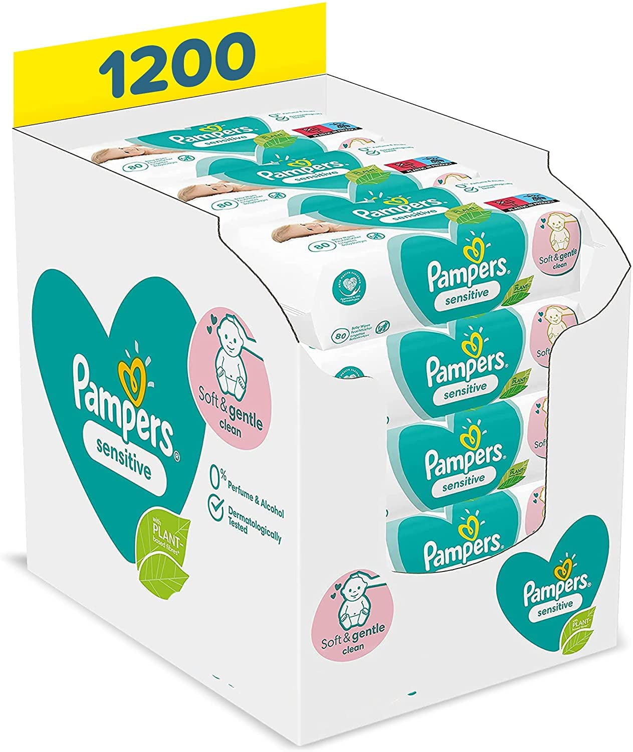 Pampers Sensitive Flip Advanced Marsupio 4 in 1 con bavaglino e salviette, 1200 salviette (15 x 80) per la pelle sensibile del bambino, dermatologicamente testato, prodotti essenziali per neonati