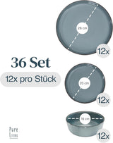 Steingut Geschirrset 12 Personen Rustico 36 tlg. TESTSIEGER, Hochwertiges Landhaussttil Steingut Geschirr Set, Schüssel- und Teller Set, Tafelservice 12 Personen, Geschirrsets Pure Living in Rauchblau