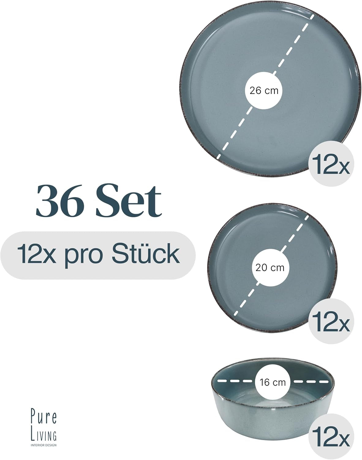 Steingut Geschirrset 12 Personen Rustico 36 tlg. TESTSIEGER, Hochwertiges Landhaussttil Steingut Geschirr Set, Schüssel- und Teller Set, Tafelservice 12 Personen, Geschirrsets Pure Living in Rauchblau