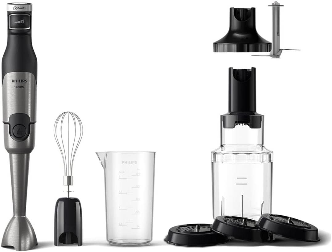 Philips Stabmixer serie 5000 - 1200W Leistung. Tecnologia Promix. Led Geschwindigkeitsanzeiger. Stufenlose Geschwindigkeitseinstellung. Design compatto. Leicht Zu Reinigen. Schwarz (HR2681/00) Kitchen Naty Shop + Schneebesen, Spiralizer, Xl-Zerkleinerer