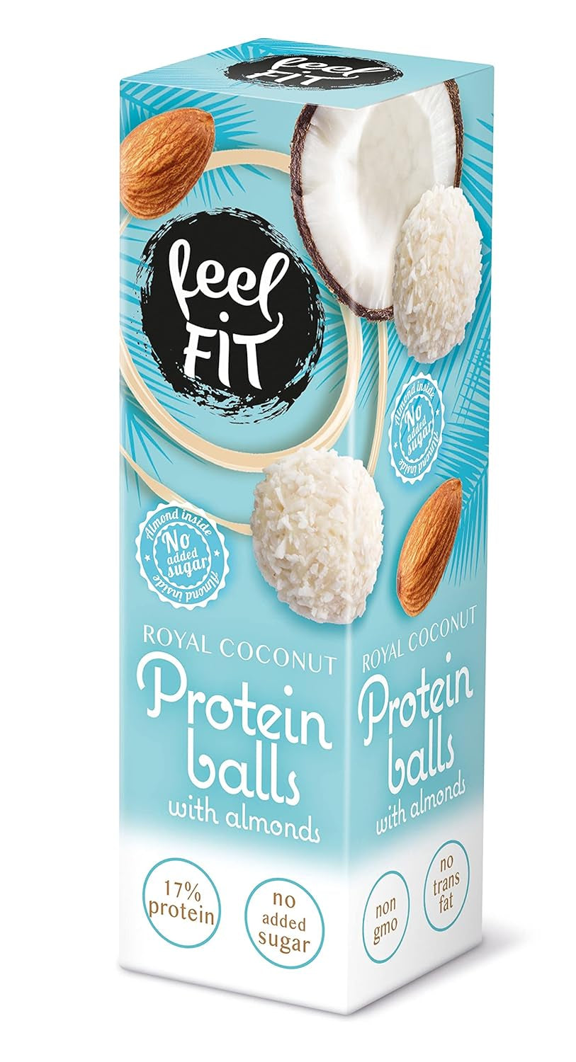 Praline al cocco senza zucchero con mandorle, Feel FIT, senza zuccheri aggiunti, 17% proteine, 63 g