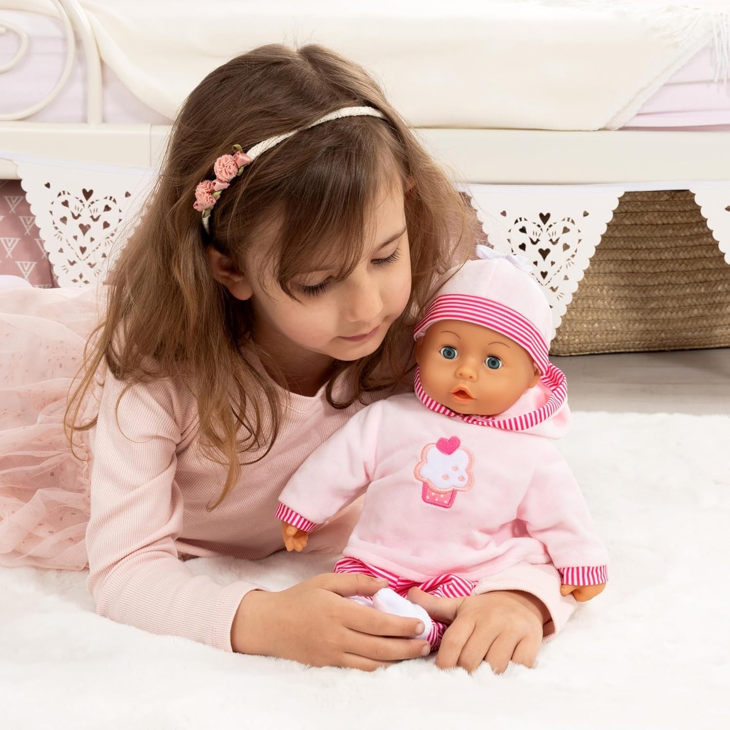 Babypuppe Prime Parole mit Schlafaugen, spricht 24 Babylaute, mit Schnuller und Flasche, 38 cm, Rosa/Streifen