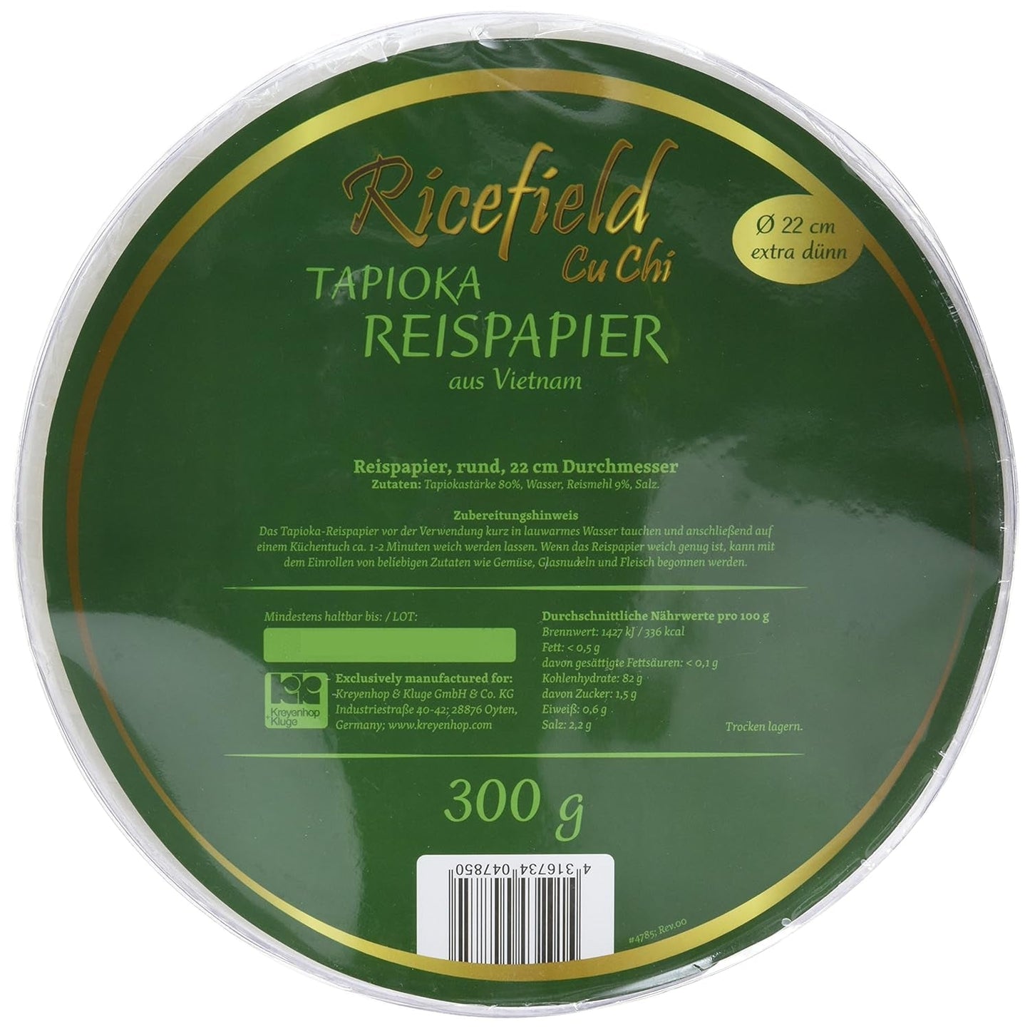 Ricefield Carta di riso tapioca rotonda 22 cm Qualità Premium 300 g