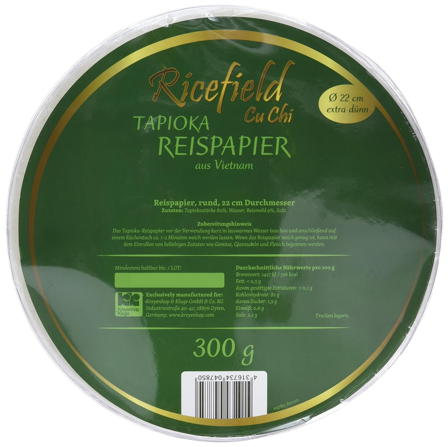 Ricefield Carta di riso tapioca rotonda 22 cm Qualità Premium 300 g