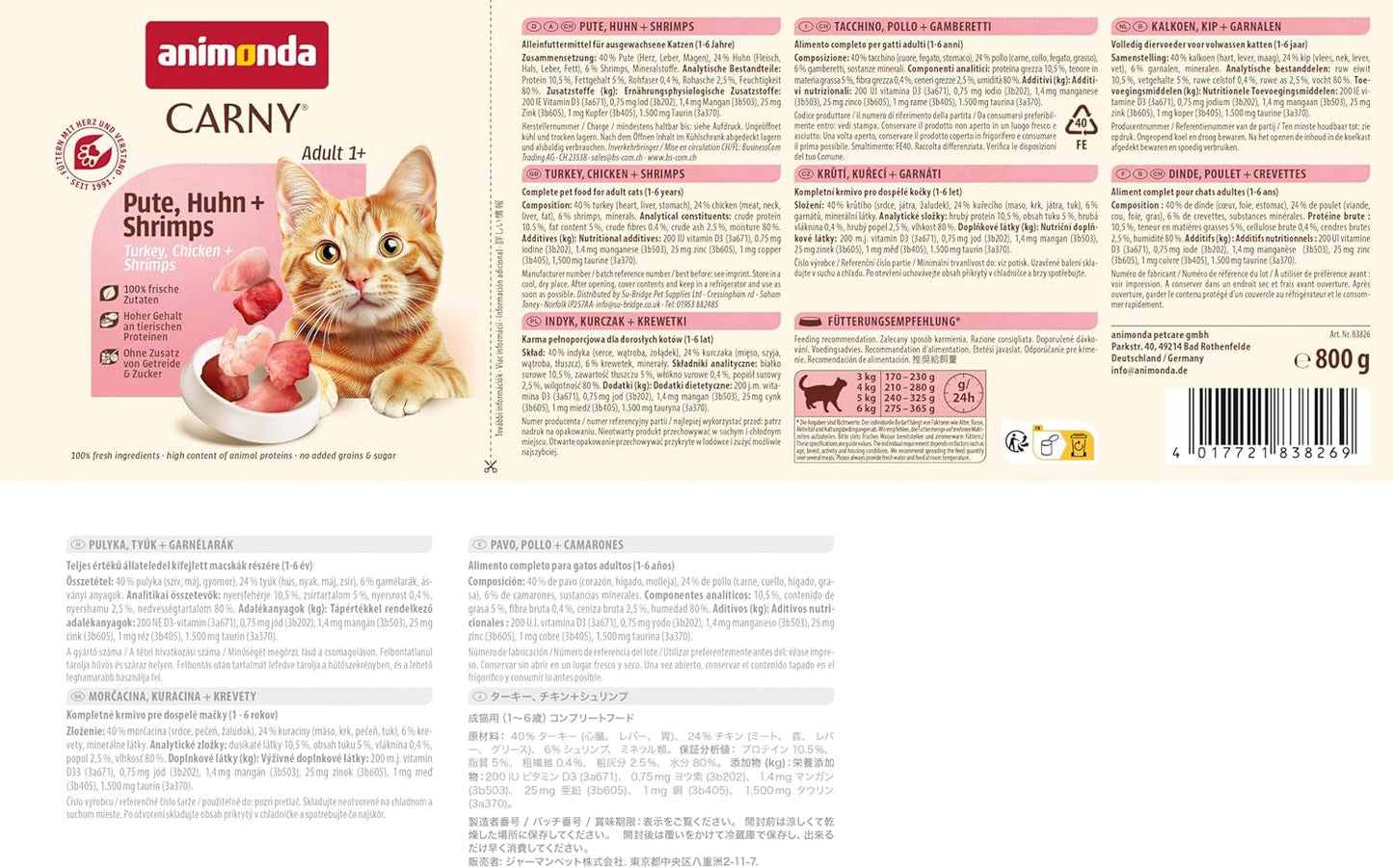 Animonda Carny cibo umido per gatti tacchino + pollo + gamberetti (6 x 800 g), cibo umido senza cereali e senza zucchero con ingredienti a base di carne fresca