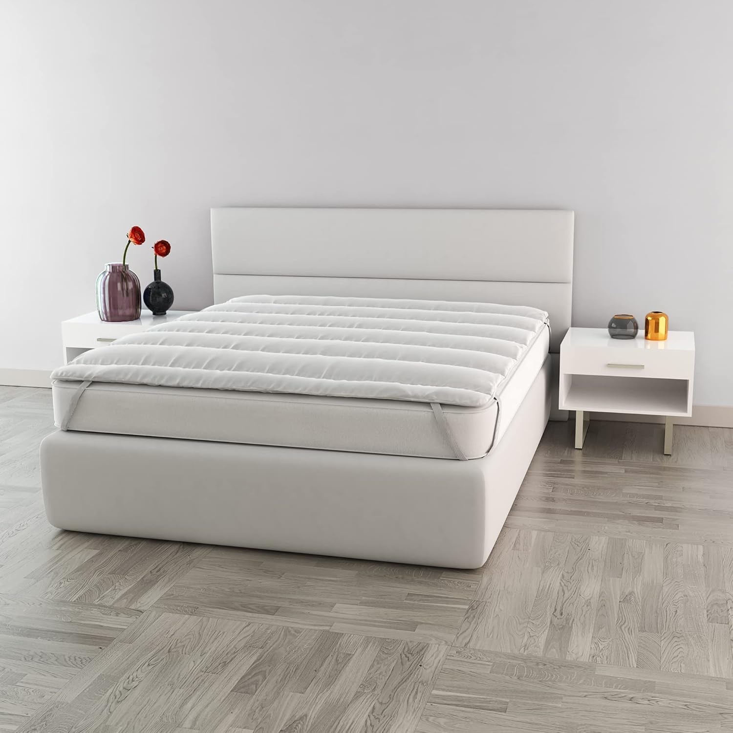 Biancheria da letto Italiana Elegante Topper Trapuntato, Bianco, Piumini e Trapunte Matrimoniali Naty Shop 160X195