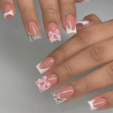 24 pezzi di fiocchi di diamanti rosa compresse per french manicure unghie quadrate modello strass unghie artificiali rosa nudo manicure con colla a copertura totale