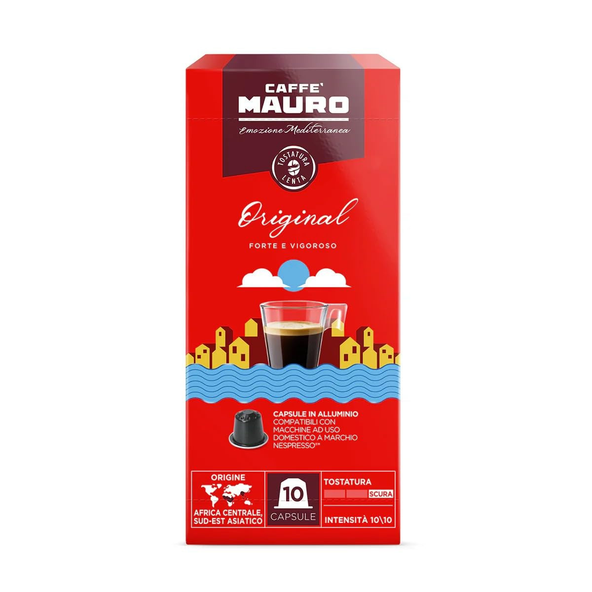 Caffè Mauro Torrefazione Kaffeekapseln Espresso Original, Intensität 10/10-50 Kapsel aus Aluminium - Compatibile con Nespresso* Haushalts-Espressomaschinen - Hergestellt in Italien