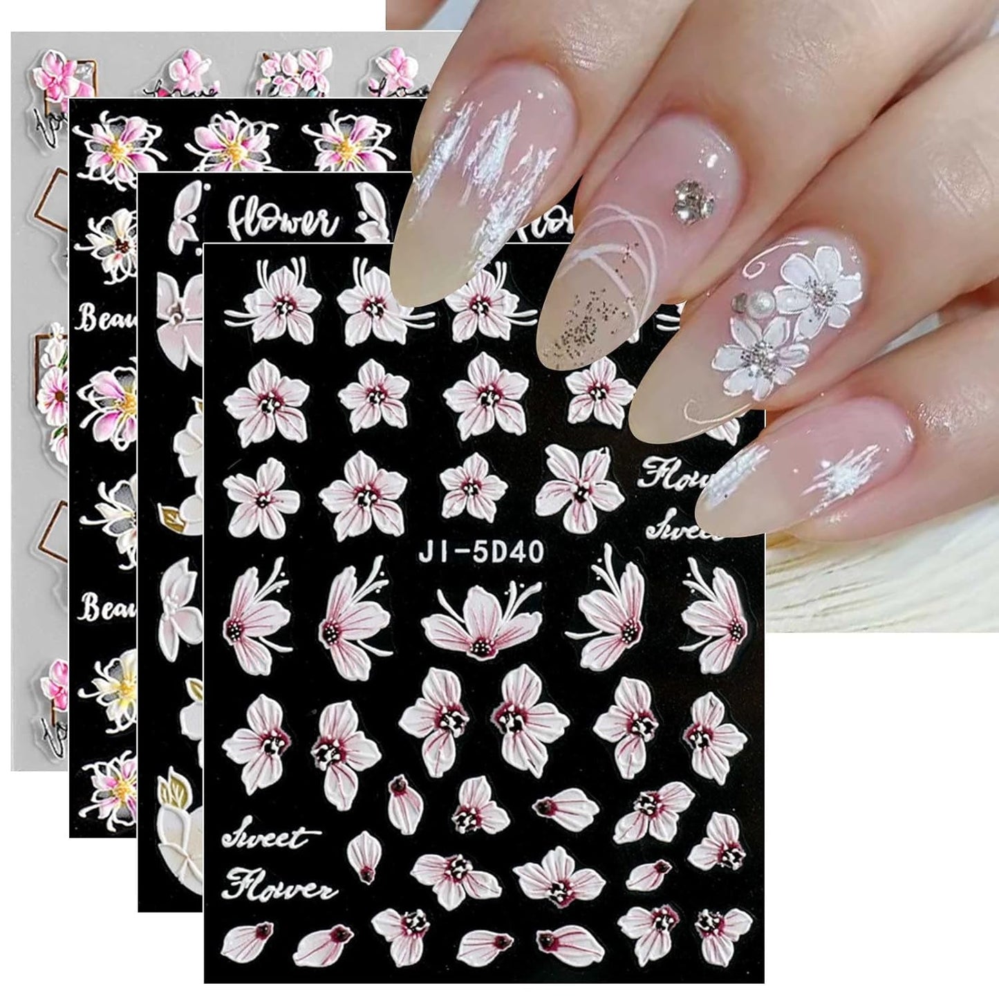 JMEOWIO 3D Nagelsticker Frühling Blume Nail Art Sticker Selbstklebend Nagelaufkleber 5D Stereoscopic Buntes Sommer Blumen Dekoration Nageldesign Zubehör 4 Blatt