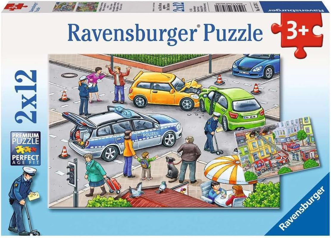 Ravensburger Puzzle per bambini - 07574 Polizia e vigili del fuoco - Puzzle per bambini dai 3 anni, con 2X12 pezzi Puzzle Naty Shop Blu, bianco