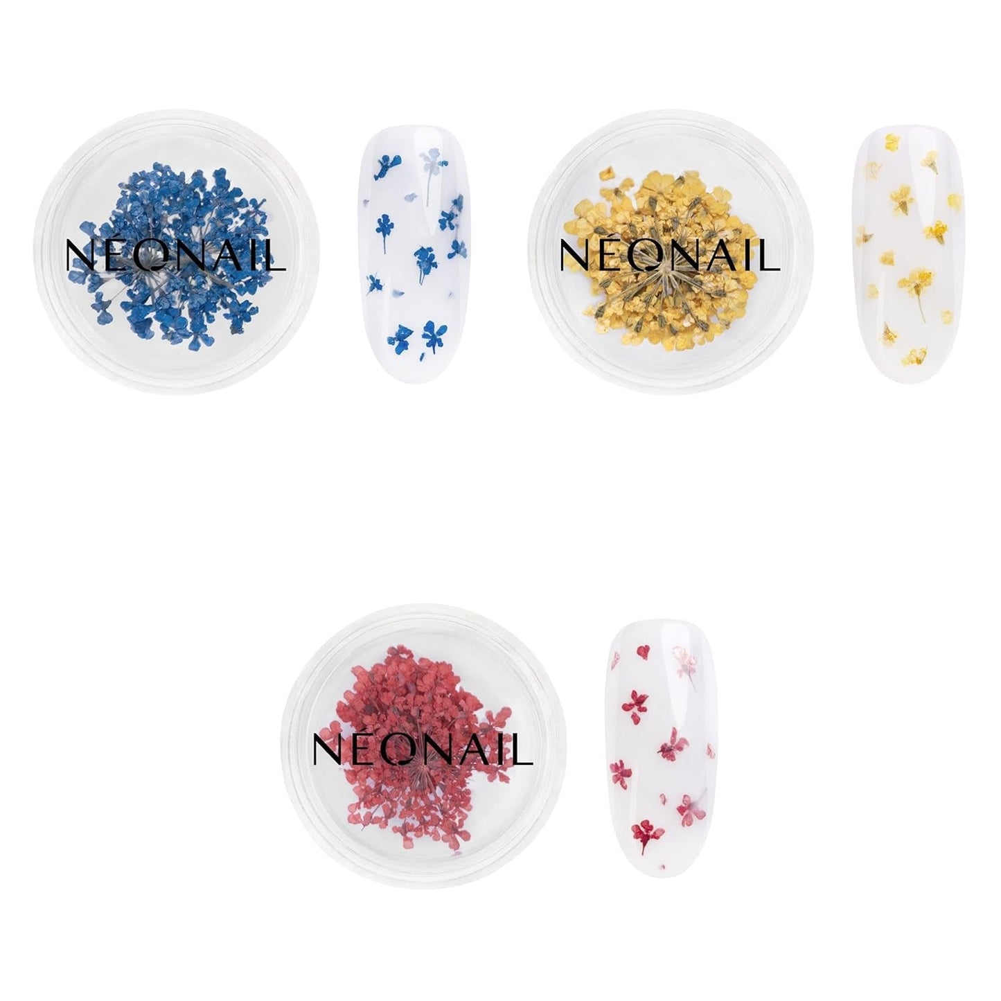 NÉONAIL Nail Art Flowers Set - Trockenblumen - Getrocknete Blumen - Nageldesign Zubehör - Nageldekorationen - Getrocknete Blüten - Decorazione per unghie - Gelnägel Zubehör - 3 Farben - Rosa, Lila, Arancione