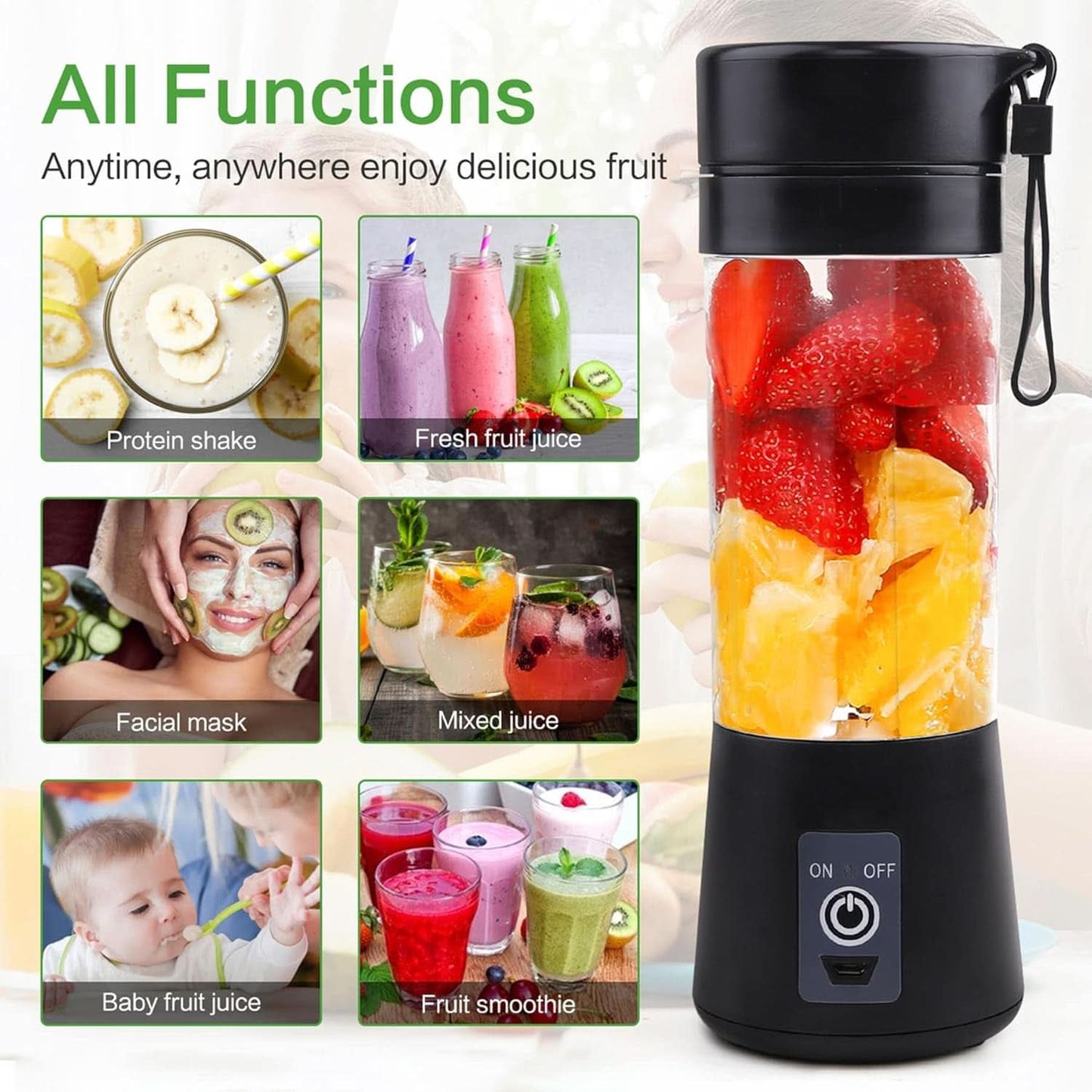 Mixer Smoothie Maker Tragbarer Entsafter: 380Ml Standmixer Shaker personale Proteinshake Mit 6 Edelstahlmesser Tragbar-Bpa-Freie Mit Usb-Mixbecher Für Shakes,Saftoutdoor,Schwarz Bucatarie Naty Shop