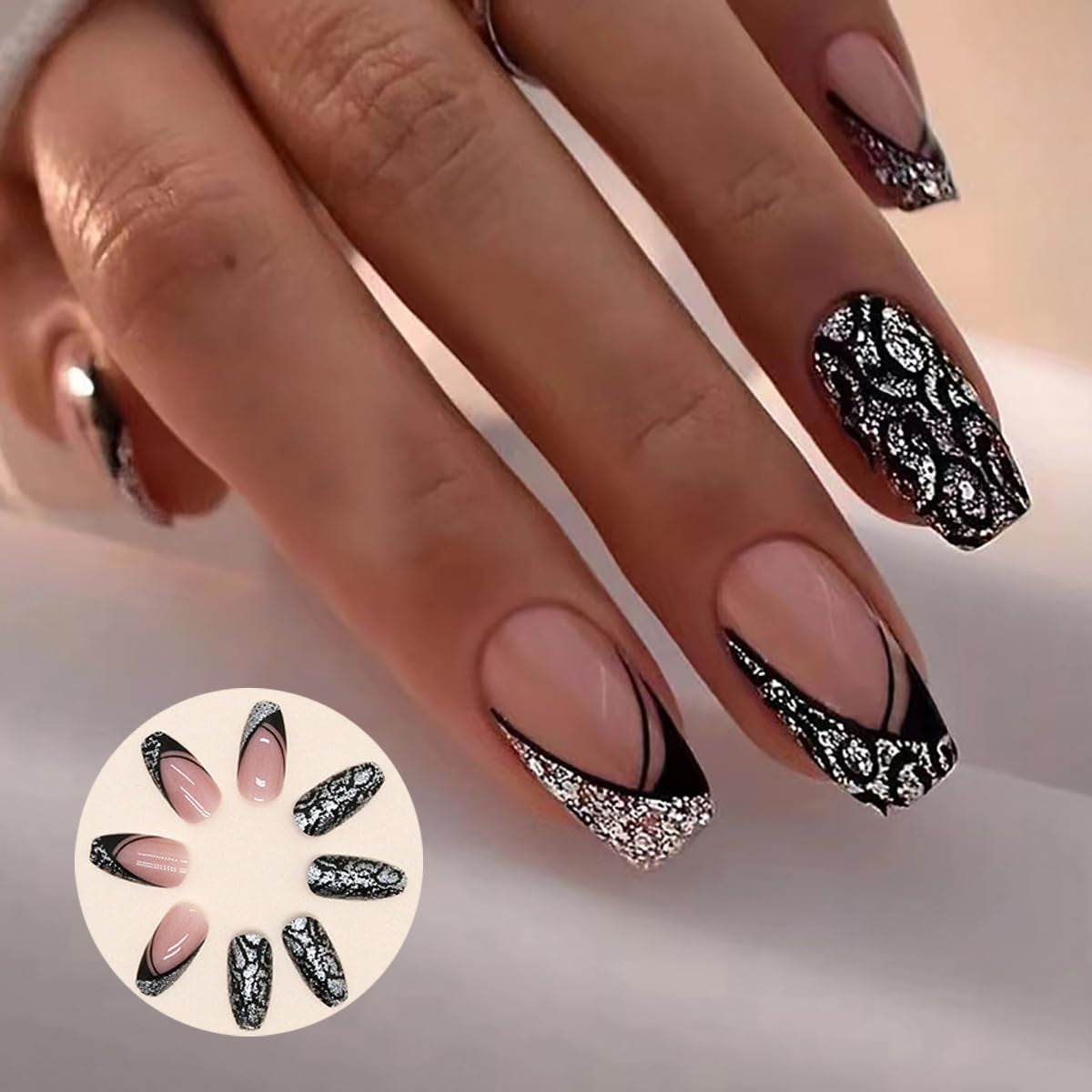 Unghie artificiali Glitter naturali Stampa breve su unghie glitter autoadesive acriliche per donne Ragazze Accessori per nail art 48 pezzi