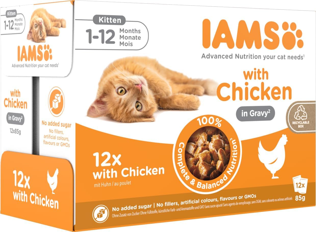 IAMS Delights Kitten Nassfutter - Multipack Katzenfutter mit Hunn in Sauce, alta qualità Futter für Junior Kätzchen von 1-12 Monate, 12 x 85 g