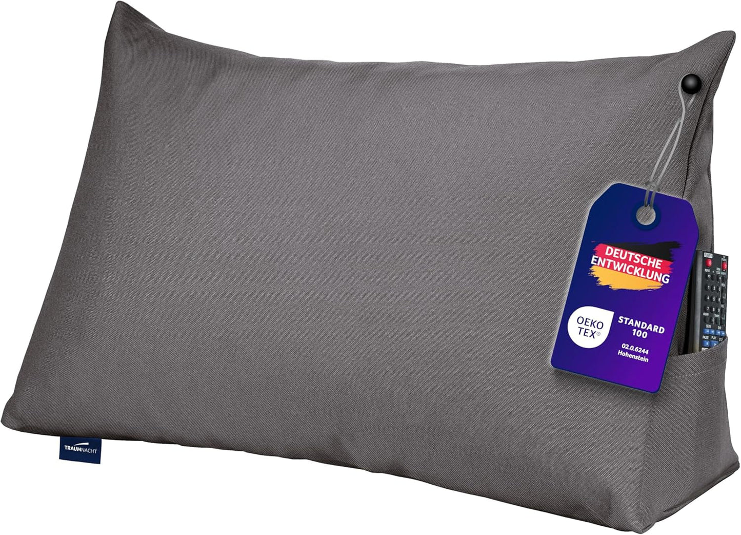 Cuscino da lettura Traumnacht Cozy Back Cushion, 70 x 40 cm grigio scuro, rivestimento sfoderabile e lavabile in 100% poliestere, pratica tasca laterale, certificato Oeko-Tex, prodotto secondo gli standard di qualità tedeschi