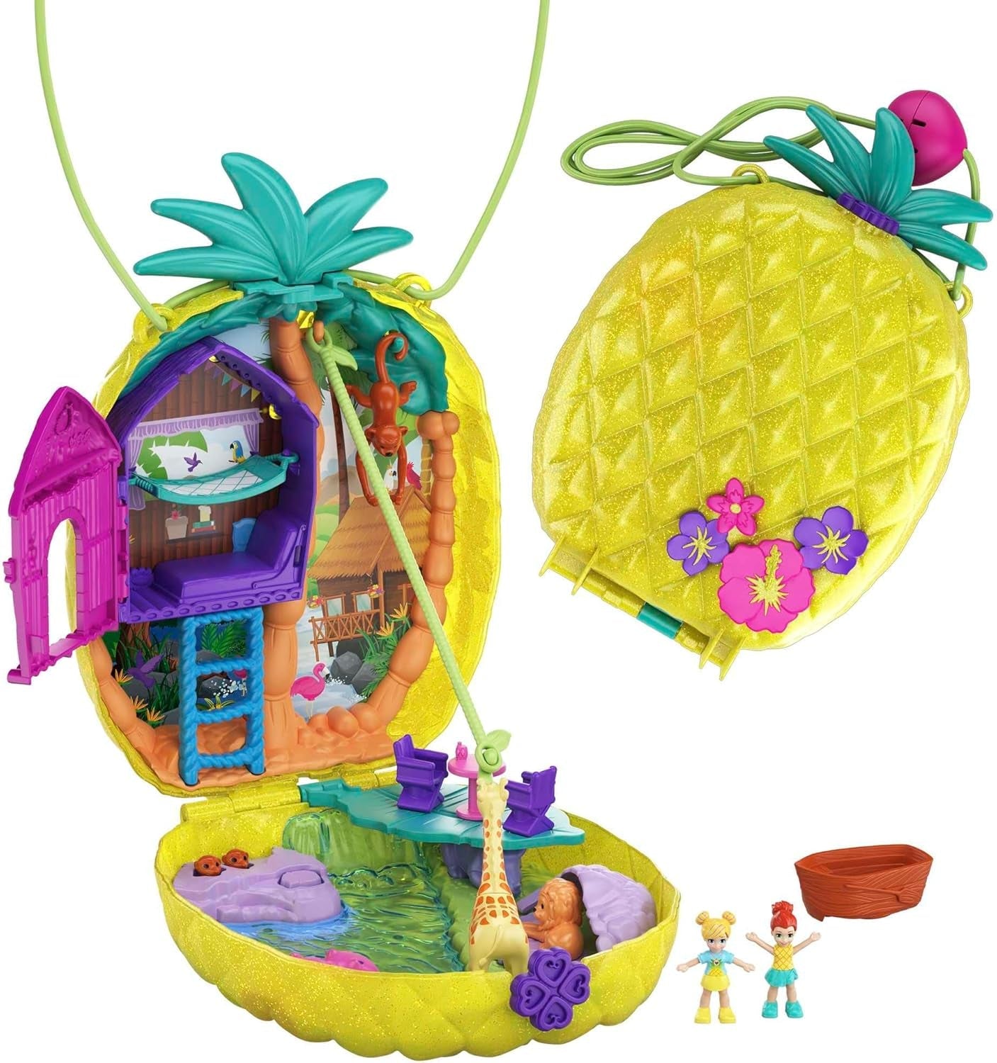 Polly Pocket GKJ64 - Compatto portatile Pineapple Pocket con 8 divertenti funzioni, bambole Polly e Lila, 2 accessori e foglio di adesivi; giocattolo per bambini dai 4 anni in su