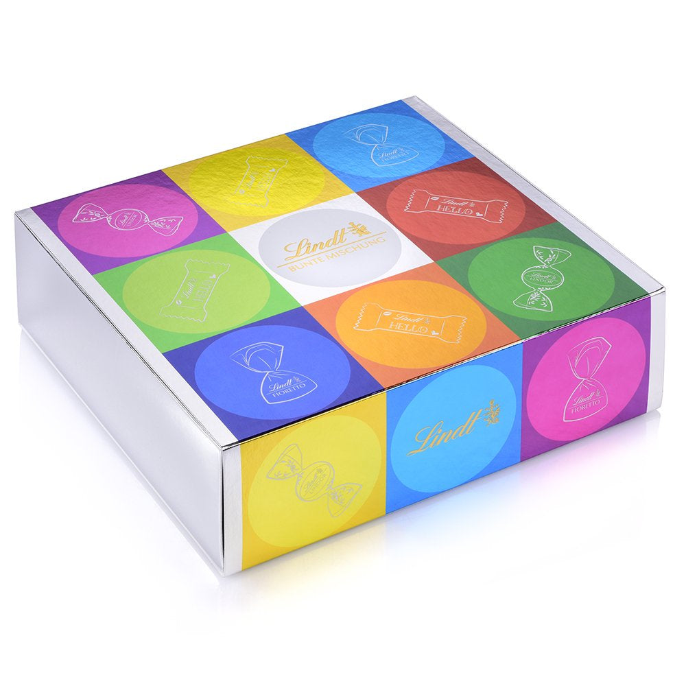 Assortimento di cioccolato (37 palline LINDOR, 24 Mini bastoncini Hello, 10 Mini Fioretto), regalo di cioccolato (1 x 815 g) e Mini Emoti HELLO, cioccolato al latte in 5 disegni emoticon, 164 g