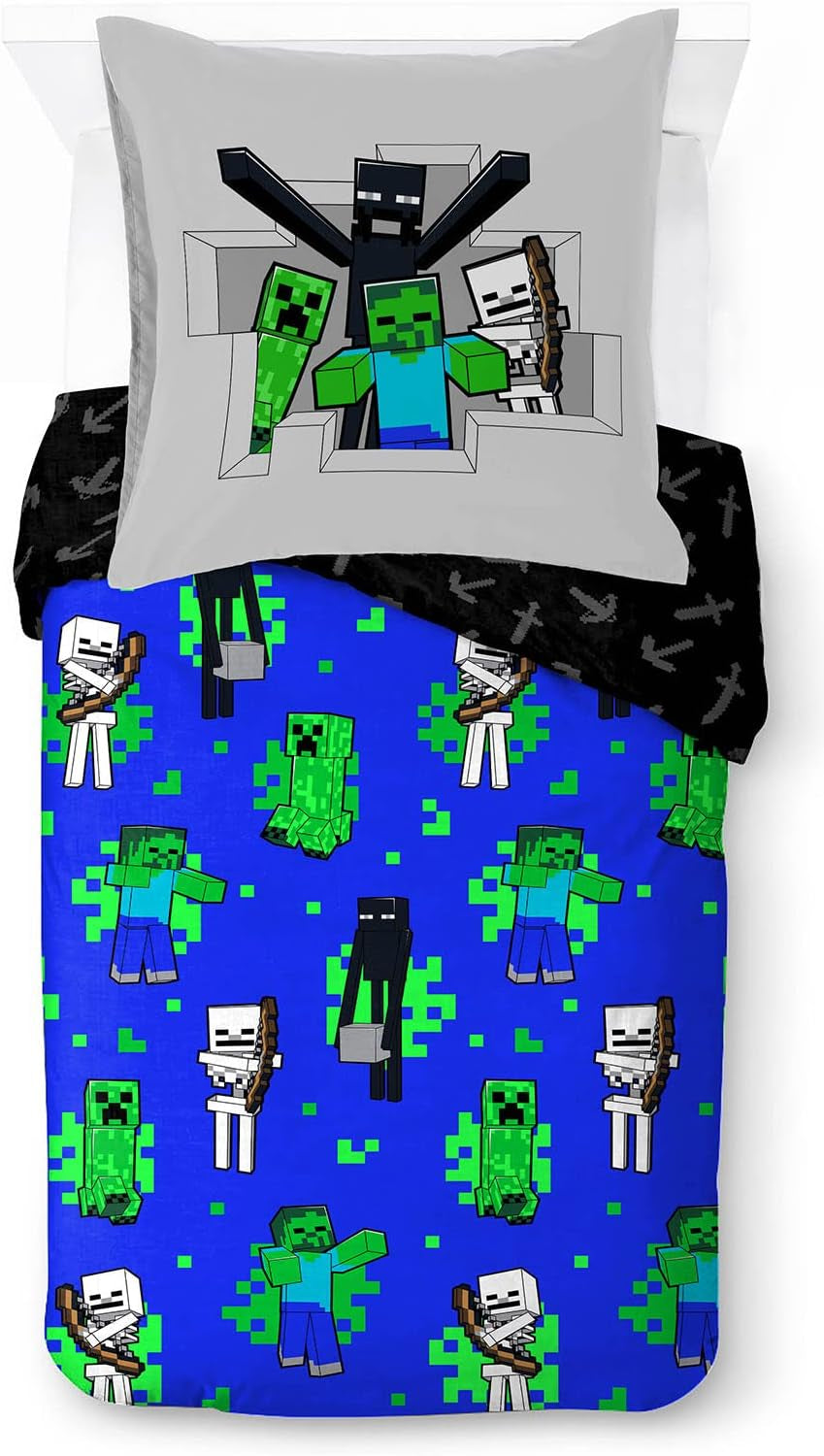 Biancheria da letto per bambini, Personaggi Disney, 100% cotone Biancheria da letto - bambini Naty Shop Blu - Minecraft 135X200/80X80 (2 Pezzi)