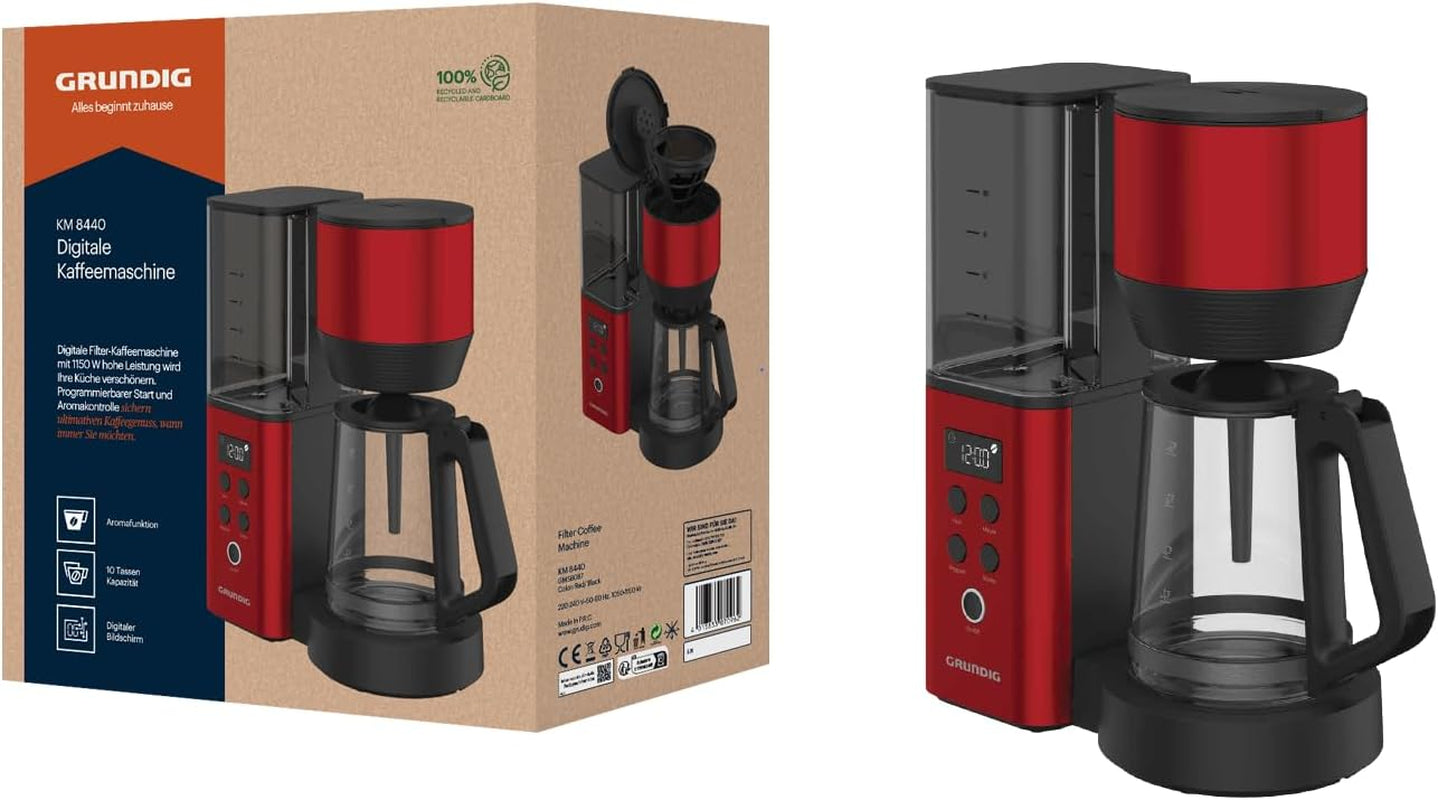 Macchina per caffè espresso digitale con filtro GRUNDIG KM8440, rossa, 1000 W, 1,25 litri