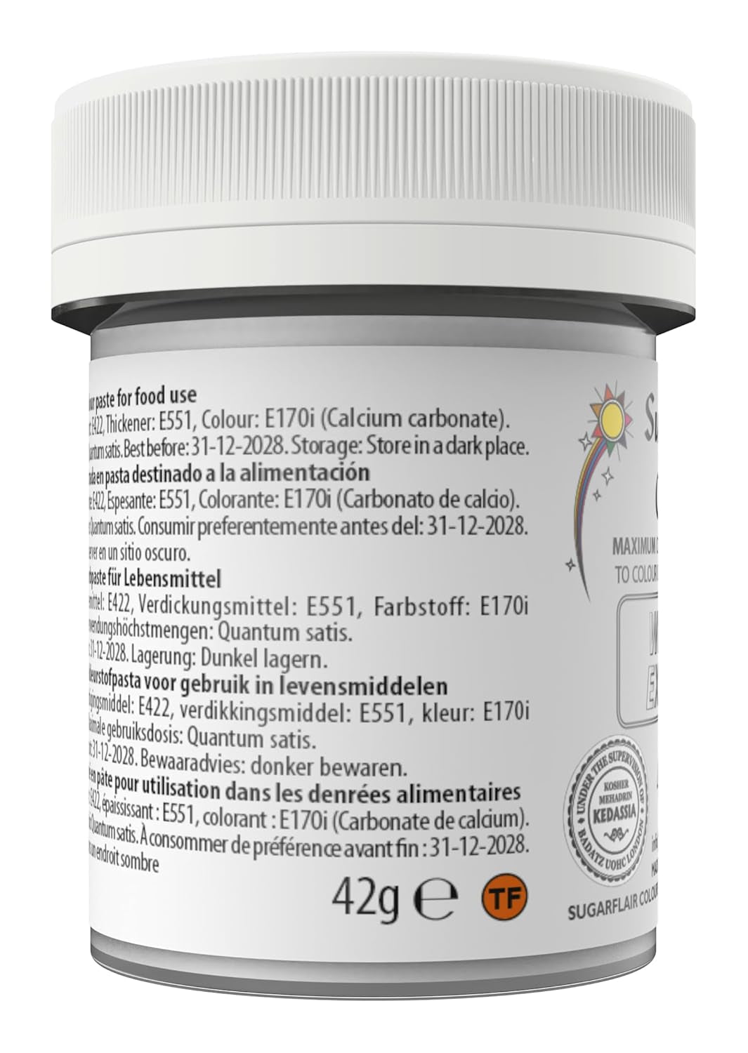 Colorante alimentare Sugarflair Max Concentrated White Extra, colorante alimentare altamente concentrato per marzapane e fondente, colorante in pasta Max Concentrate - 42 g