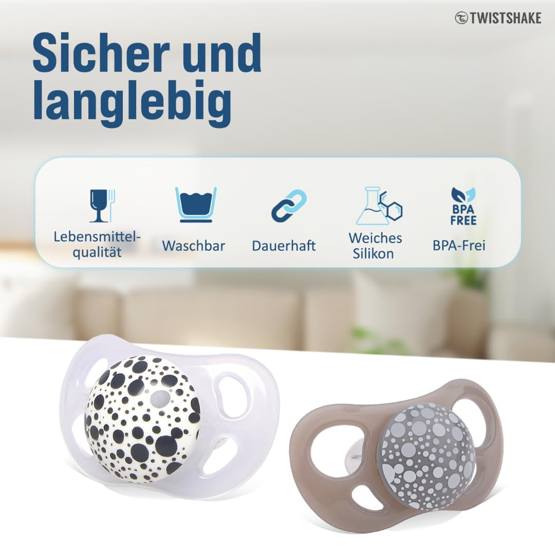 Ciucci per bambini Twistshake – Confezione da 2 | Forma ortodontica | Ultraleggero | Tettarella in morbido silicone | Senza BPA | Adatto a bambini dai 6 mesi | Grigio-bianco