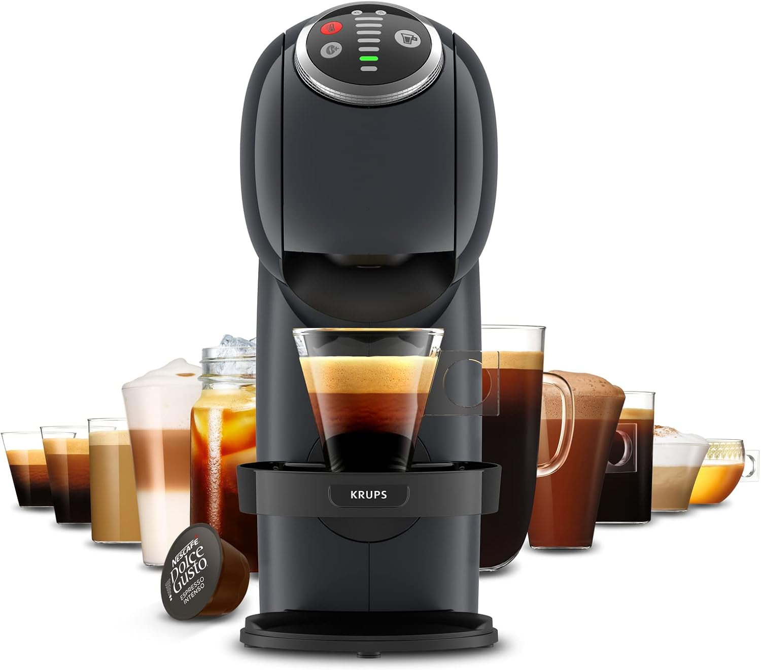 NESCAFÉ Dolce Gusto Genio S Plus di Krups, macchina da caffè a capsule compatta, capacità 0,8 litri, 1500 watt, avviso di decalcificazione automatica, grigio siderale, KP340B