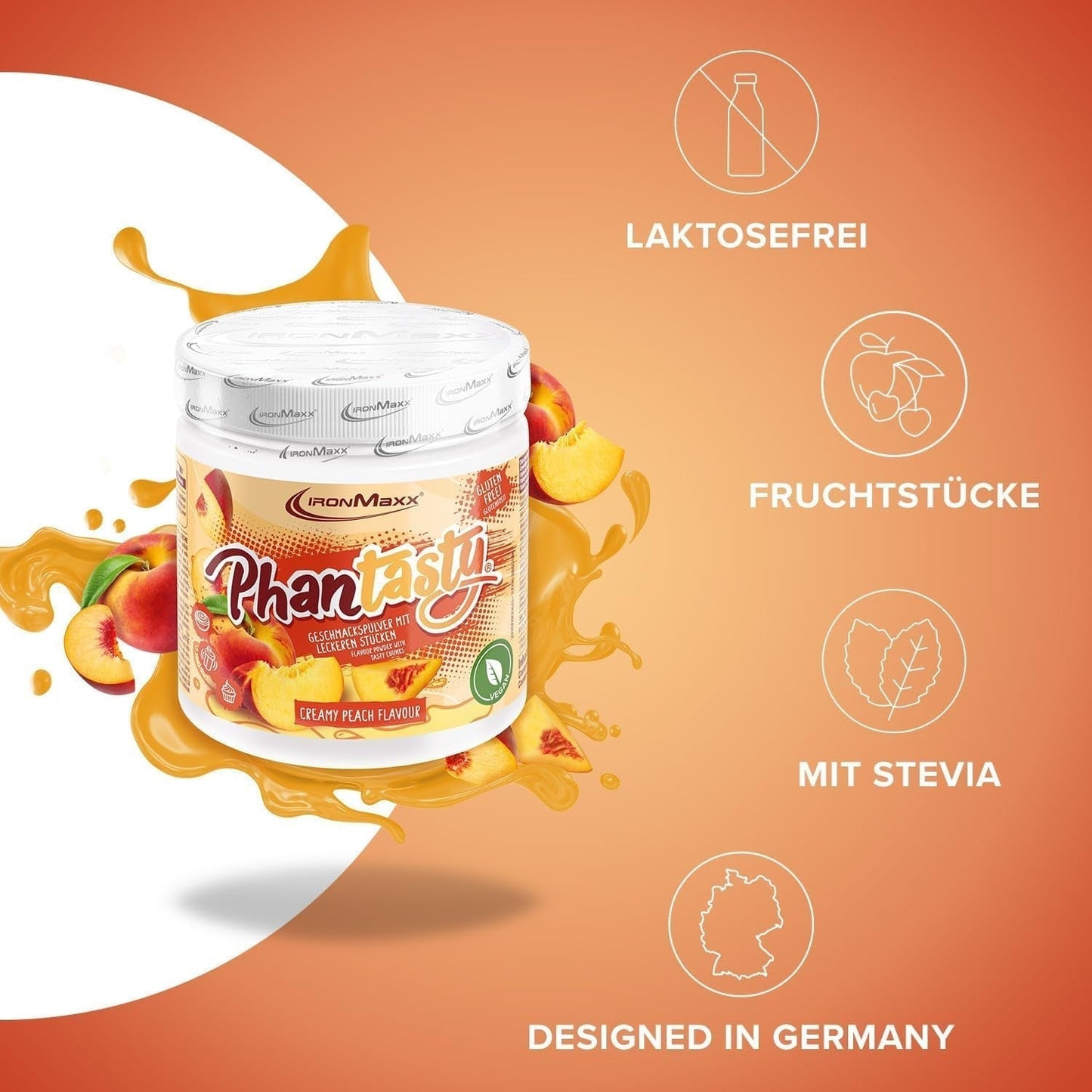 Ironmaxx Phantasty - Dose cremosa alla pesca 250G | Vegan Geschmackspulver Mit Echten Frucht- Oder Nussstückchen | Perfekter Zuckerersatz Dolcificanti Naty Shop