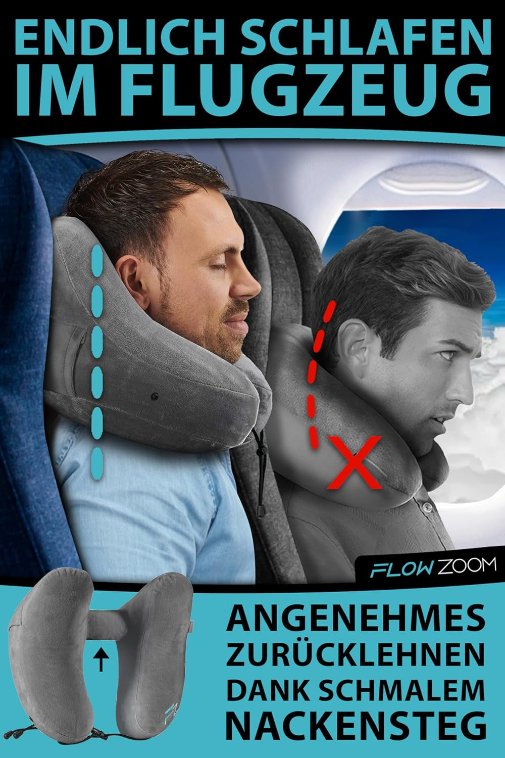 FLOWZOOM AIR Cuscino cervicale gonfiabile con cappuccio - Cuscino cervicale da aereo - Cuscino da viaggio - Cuscino cervicale da viaggio gonfiabile rapido - Cuscino aereo - Cuscino da viaggio - Cuscino cervicale per adulti (Grigio) Cuscini ortopedici cervicali Naty Shop